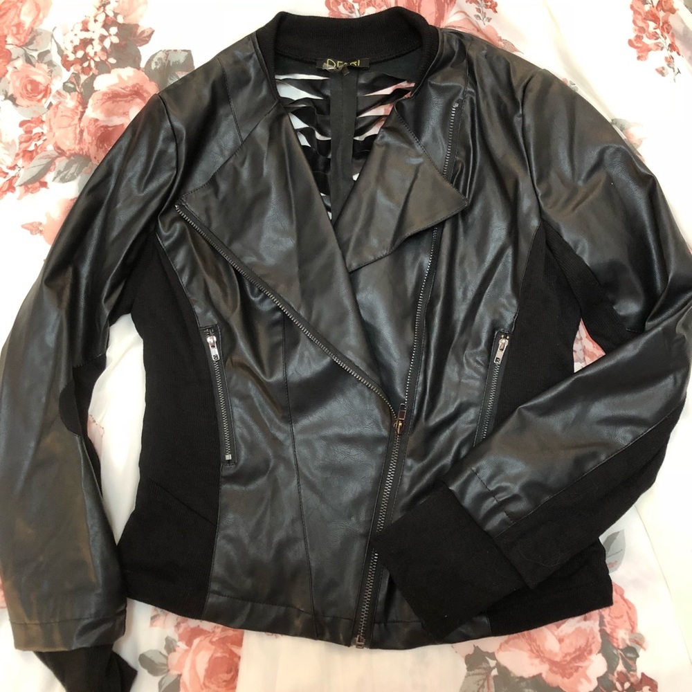 Faux Black Leather Mixed Materials Moto Jacket
